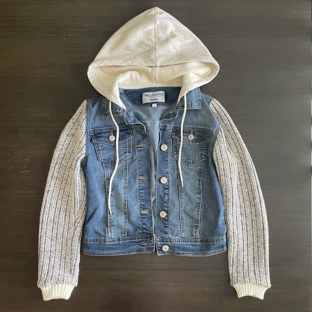 Hooded Denim Jacket with Sweater Sleeves